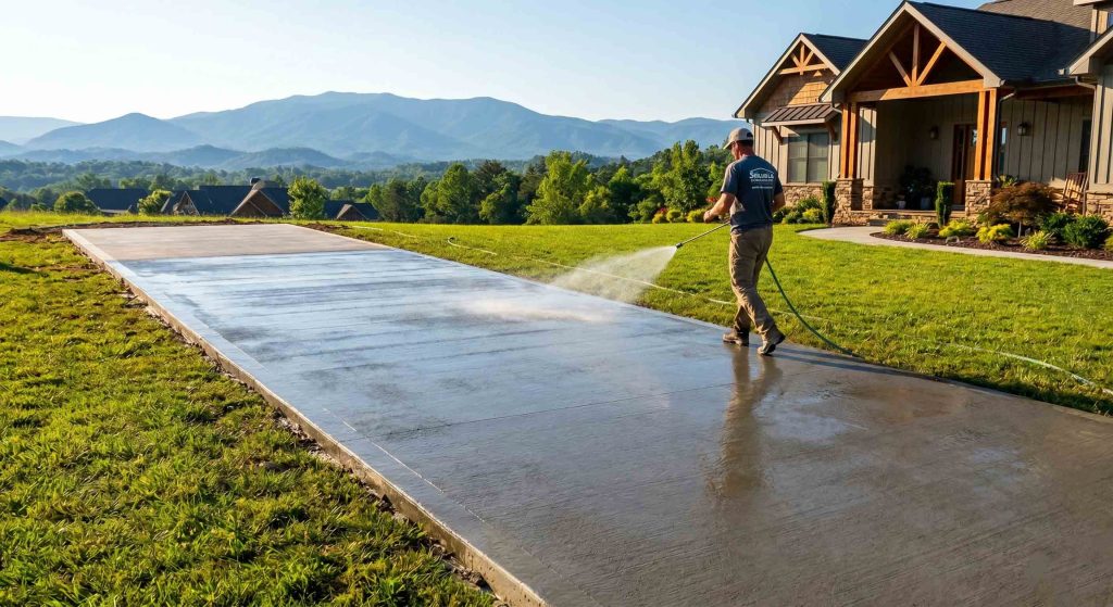 An image illustrating the active wet curing process, showing a worker misting a newly poured concrete driveway in the Smoky Mountains to ensure proper hydration and maximum durability, by Sensible Concrete Works LLC.